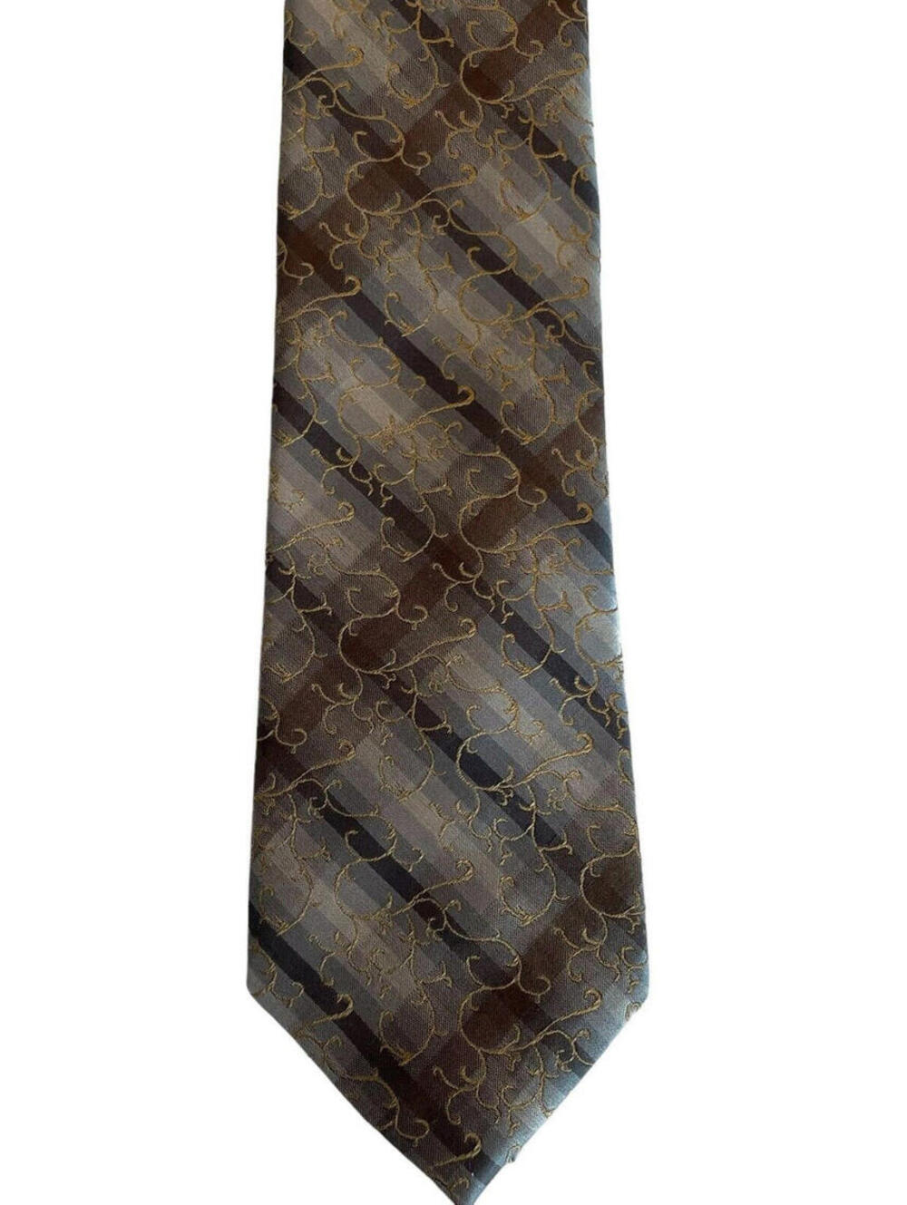 Van Heusen Tie 100% silk, Silver, Gold, Grey Stripe with design 58x3.5"  2274.2